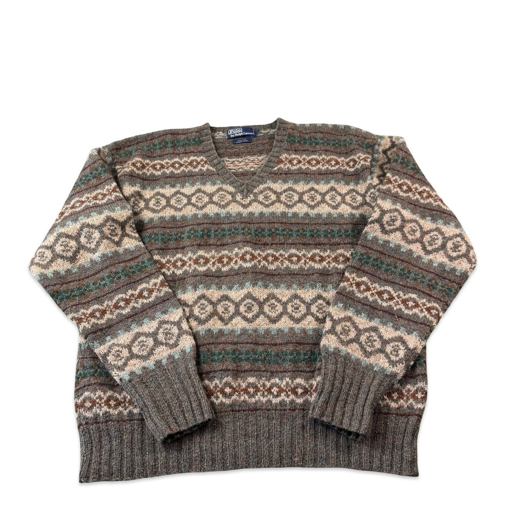 Polo Ralph Lauren VTG Hand Knit Wool V Neck Fair Isle Mens Sweater L